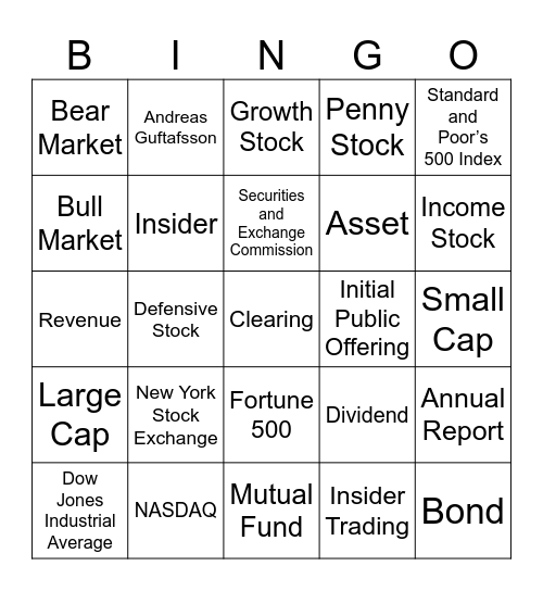 Investment Terms 1 and 2 Bingo Card