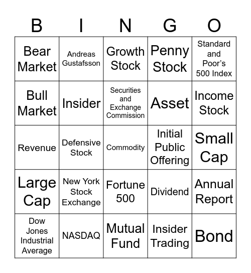 Investment Terms Bingo Card