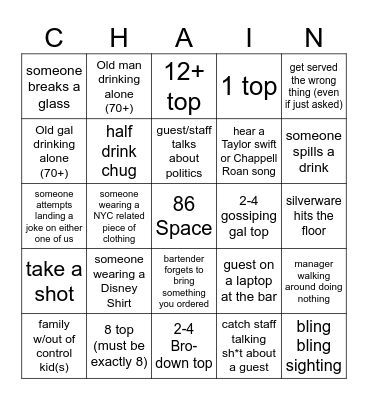 Chain Bar Bingo Card