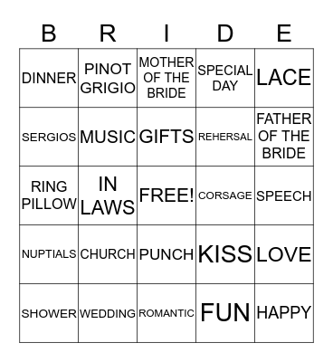 BRIDE Bingo Card