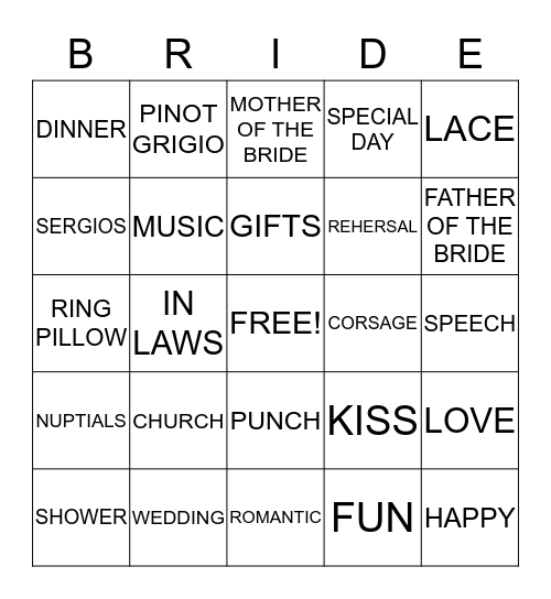 BRIDE Bingo Card