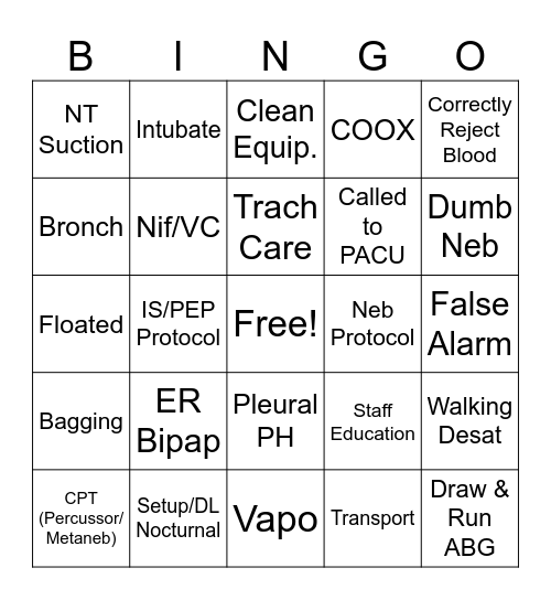 Day Shift Bingo Card