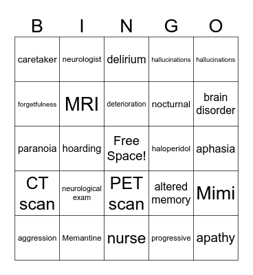 Alzheimer's Dementia Bingo Card