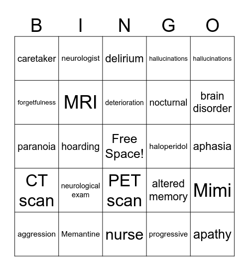 Alzheimer's Dementia Bingo Card