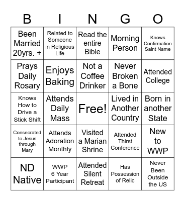 WWP Parish Program BINGO Card