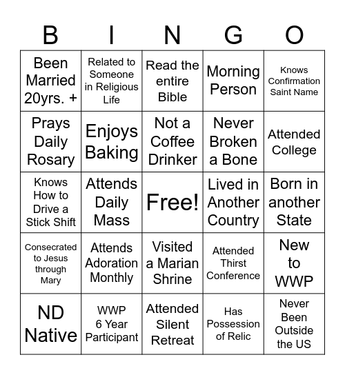 WWP Parish Program BINGO Card