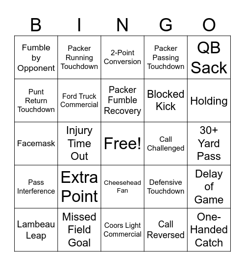 Packer Bingo Card