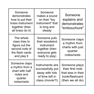 Beginning Band Bingo Card