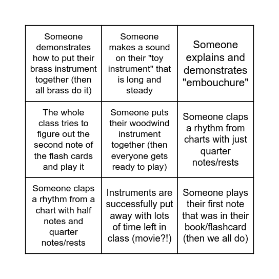 Beginning Band Bingo Card