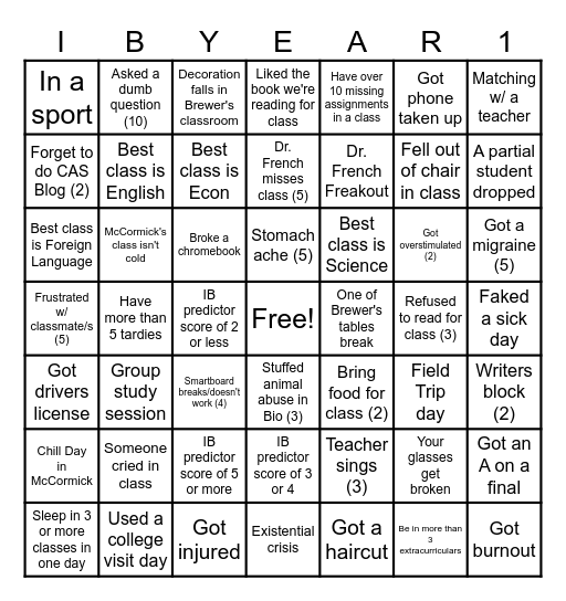 IB Year 1 Bingo Card