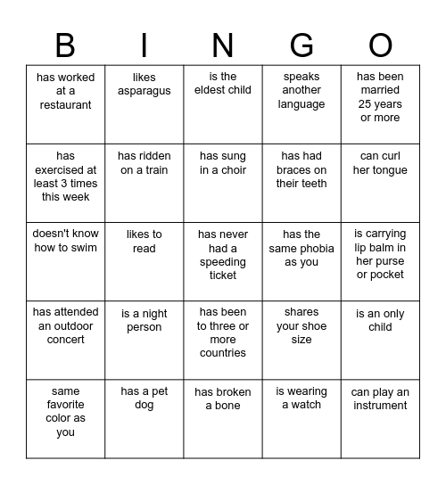 Get to Know You Bingo Card