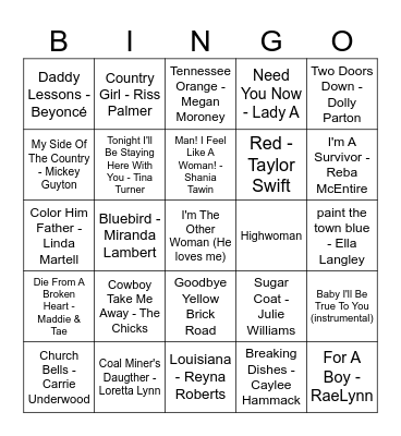 Cuntry Bingo Card