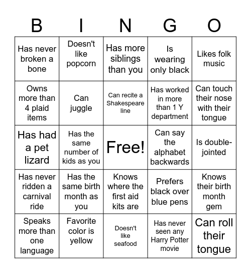 Get to know your team Bingo Card