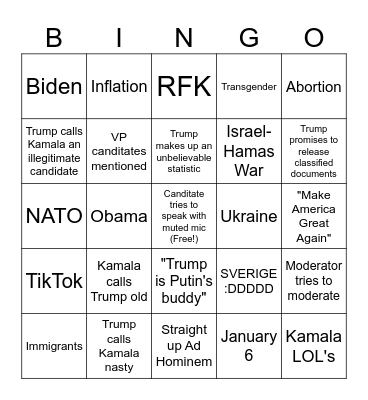 Official Presidential Debate Bingo 2024 Bingo Card