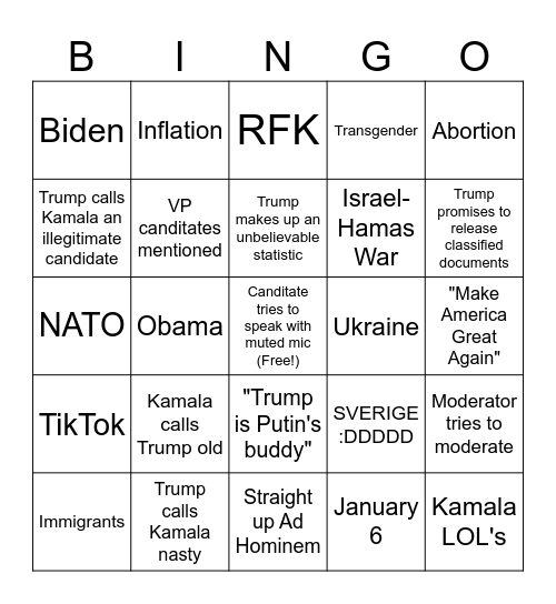 Official Presidential Debate Bingo 2024 Bingo Card