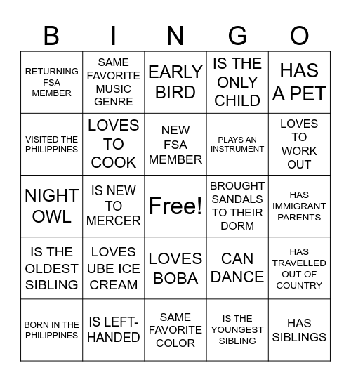 FSA Bingo! Bingo Card