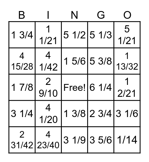 Fraction BINGO Card