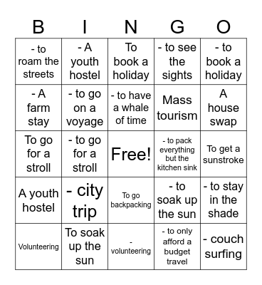 GAP YEAR Bingo Card