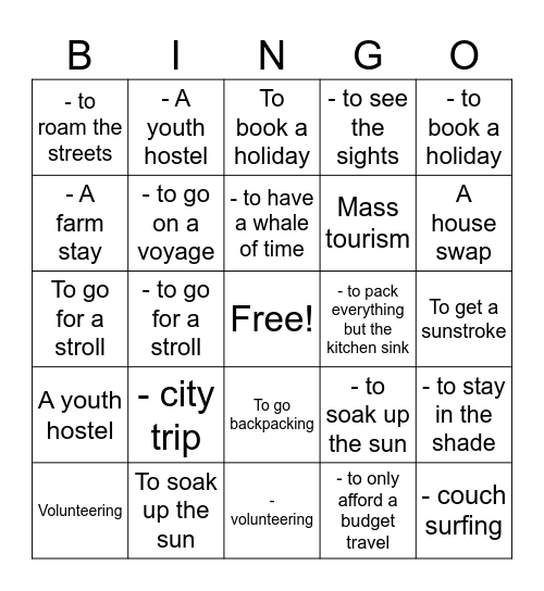 GAP YEAR Bingo Card