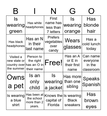 All About Me Bingo Card