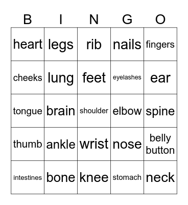 Parts of the body Bingo Card