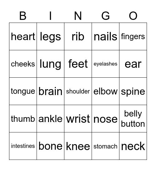 Parts of the body Bingo Card