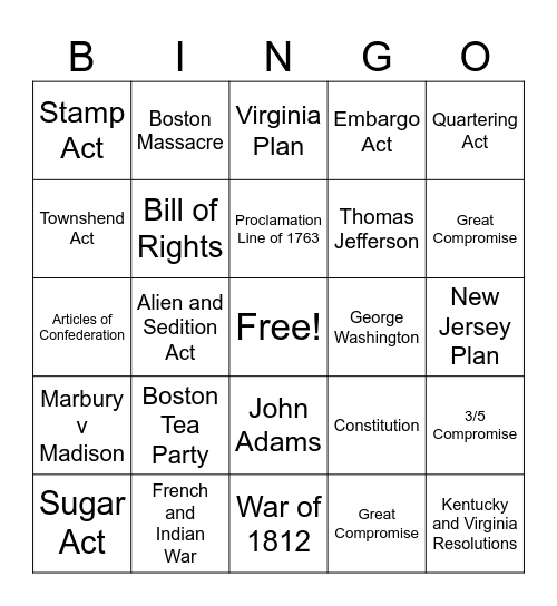 Unit 0/1 Review Bingo Card