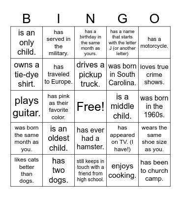 Mingle Bingo Card