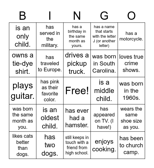 Mingle Bingo Card