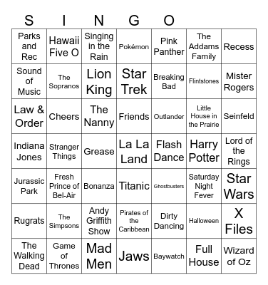 TV and Movie Theme Song Singo Bingo Card