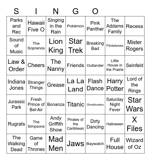 TV and Movie Theme Song Singo Bingo Card