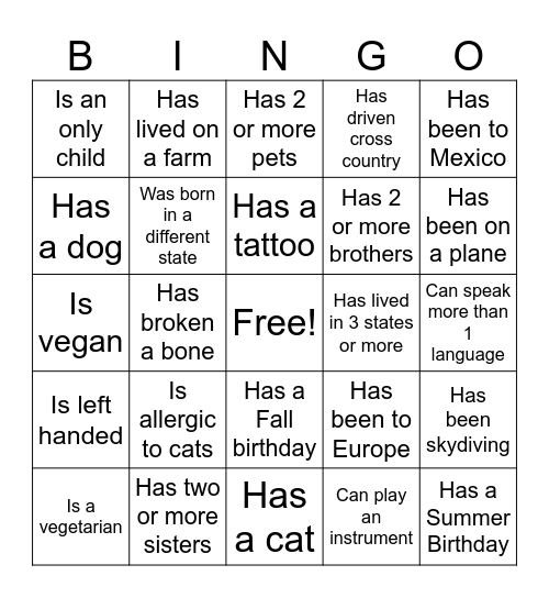 Scavenger Hunt Bingo Card