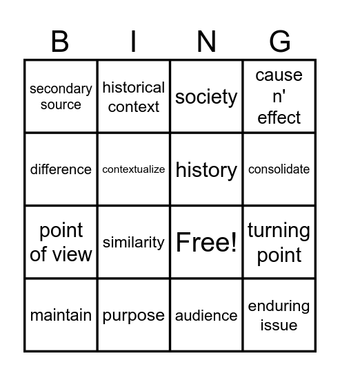 Unit 1 Vocabulary Bingo Card