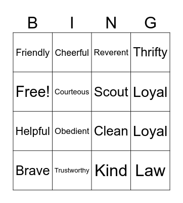 Scout Law Bingo Card