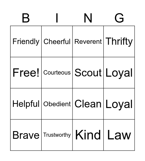 Scout Law Bingo Card