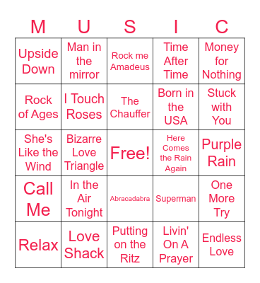 Songs from the 80's Bingo Card