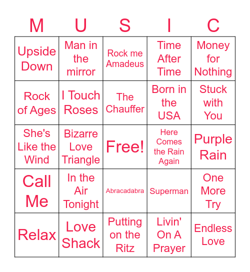 Songs from the 80's Bingo Card