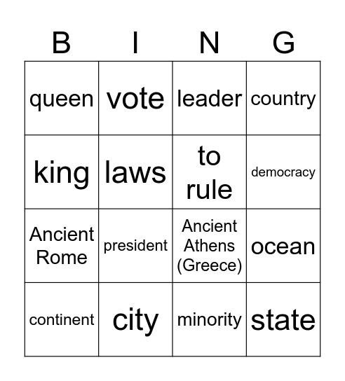 ESOL Government Unit 1 Bingo Card