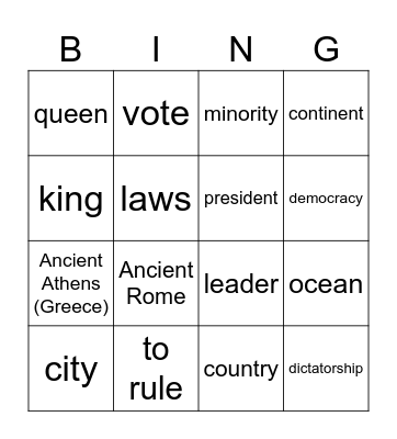 ESOL Government Unit 1 Bingo Card