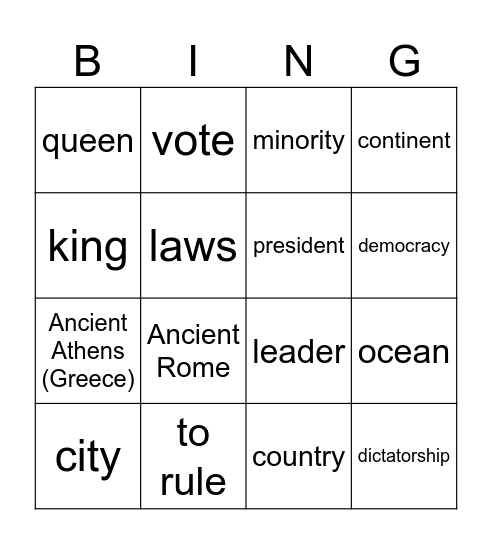 ESOL Government Unit 1 Bingo Card