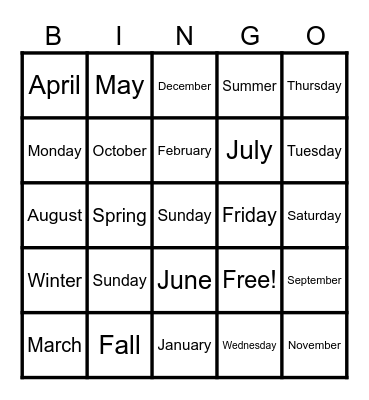 Calendar Bingo Card