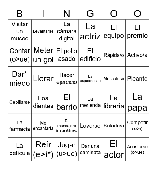 Avancemos PU vocab Bingo Card