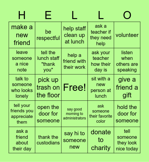 START WITH HELLO Bingo Card