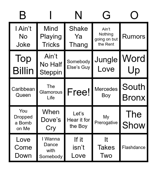 80’s Music Bingo Card