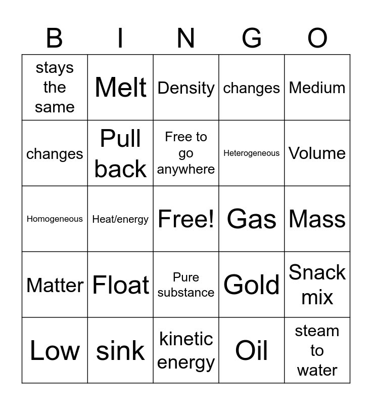 Matter, Mixtures, and Density Bingo Card