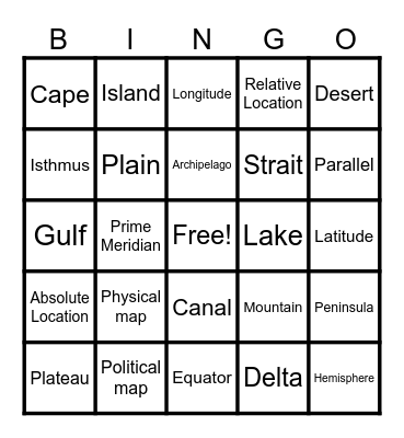 Land Forms Bingo Card