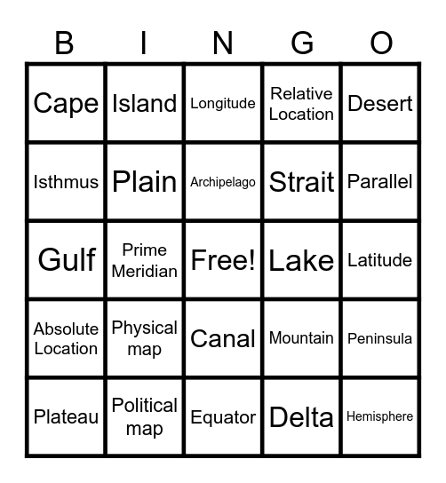 Land Forms Bingo Card