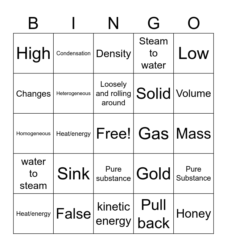 Matter, Mixtures, and Density Bingo Card