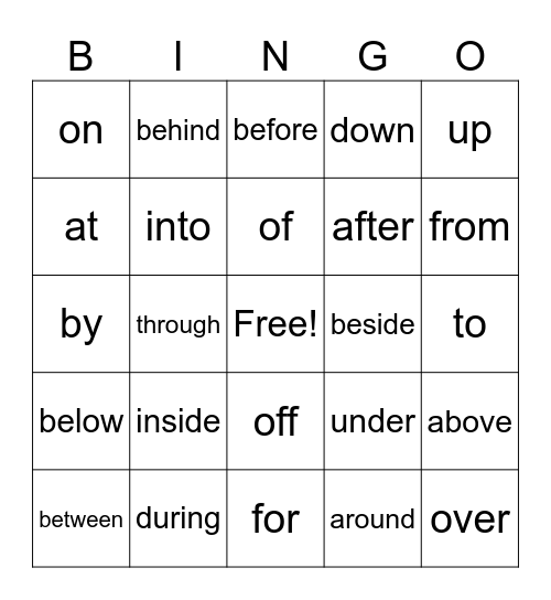 Prepositions Bingo Card