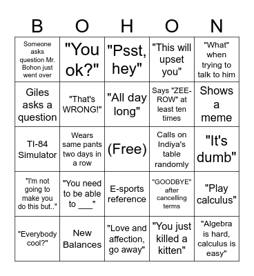 Mr. Bohon Bingo Card